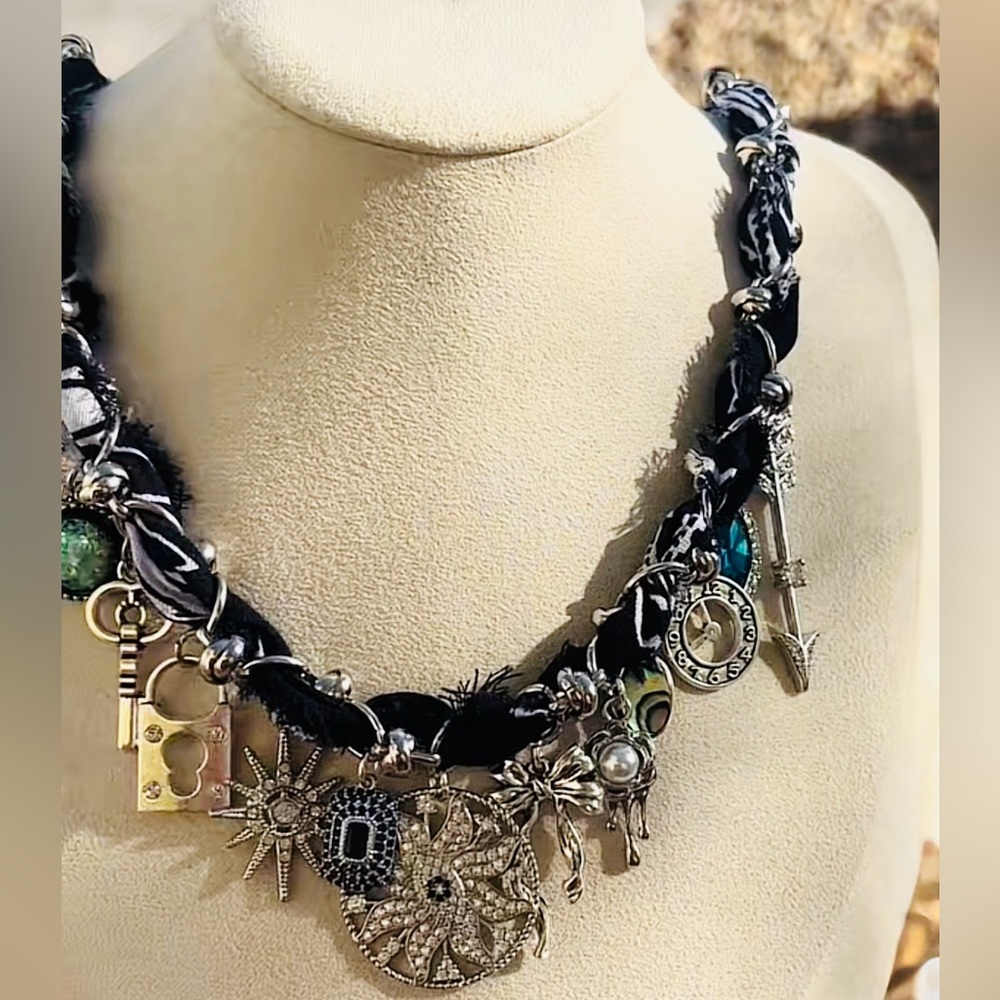New. Never worn. Handmade Elegant Navy Blue  and Silver Charm Necklace
